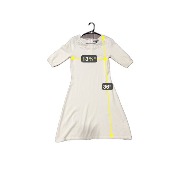 Allison Brittney White Short Sleeve Knit Dress Rhinestone Pearl Embellished Neck - Picture 7 of 8